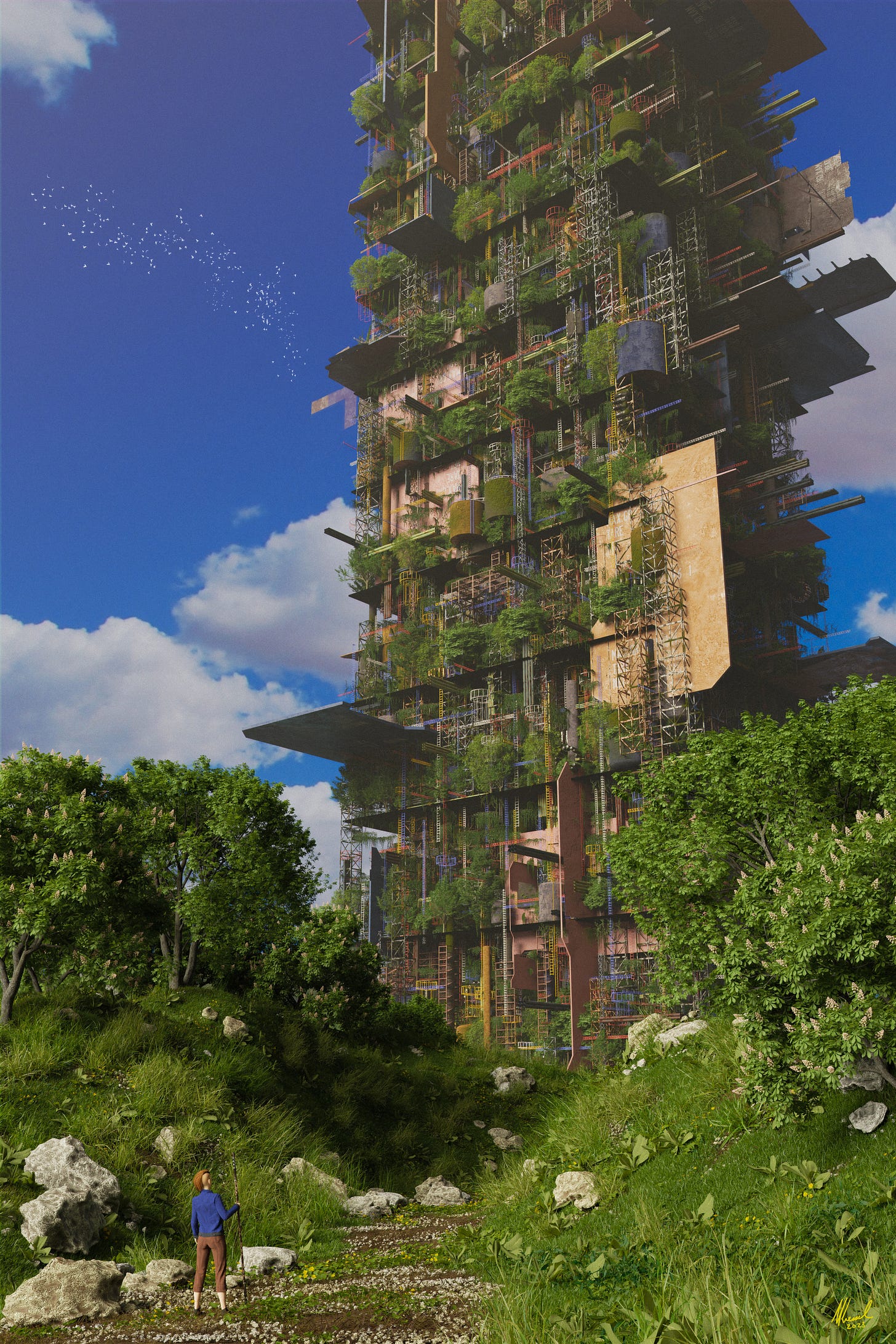 In this possible future, a young woman stares up at an old CO2 scrubber tower. Once used to filter excess CO2 from the air, the tower has fallen into disuse, and nature has taken over. 