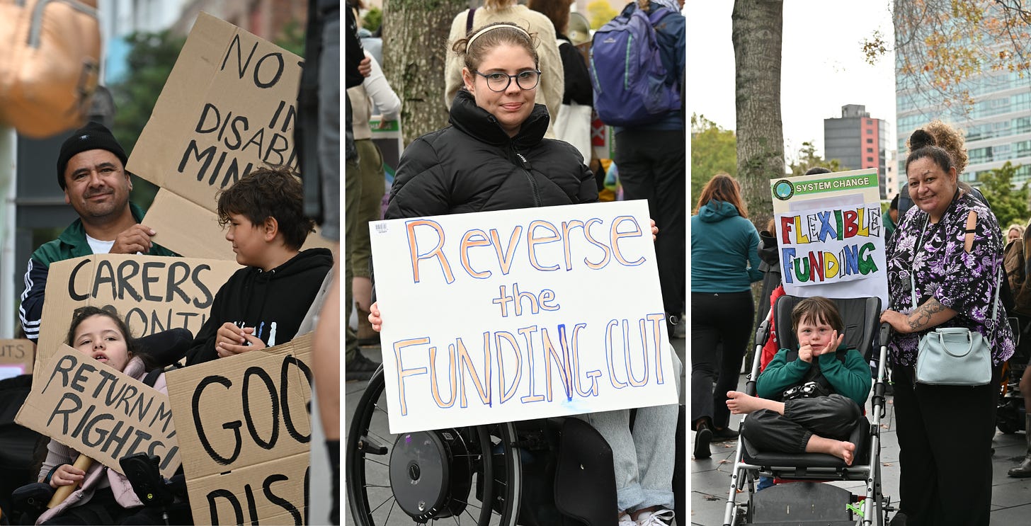 Image description: A collage of images of disabled people holding signs at a protest. The signs read: Return my rights, reverse the funding cut, flexible funding.