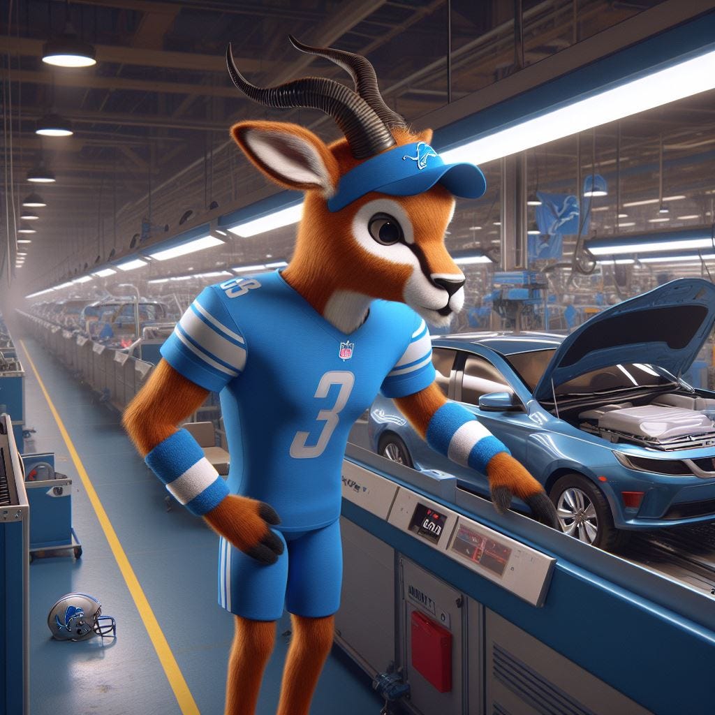 a 3d antelope, dressed in a detroit lions nfl uniform, working on the GM car assembly line, getting ready to get off work to go watch football