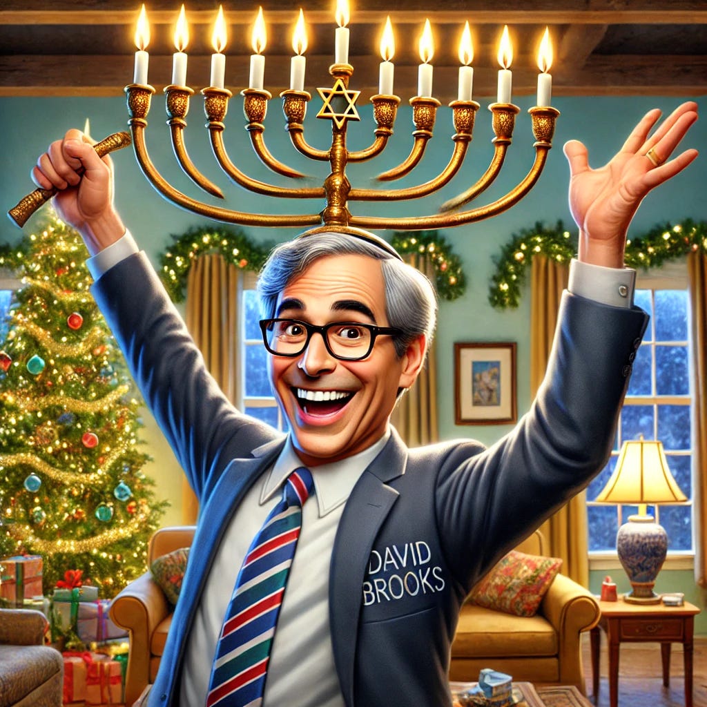 A depiction of a middle-aged man resembling David Brooks, a columnist, in a lively and humorous scene. He is excitedly twirling a menorah over his head with one hand in a cheerful motion. In the background, a decorated Christmas tree is visible. The setting is a cozy, warmly lit living room filled with holiday decorations, blending the festive atmosphere of both traditions.