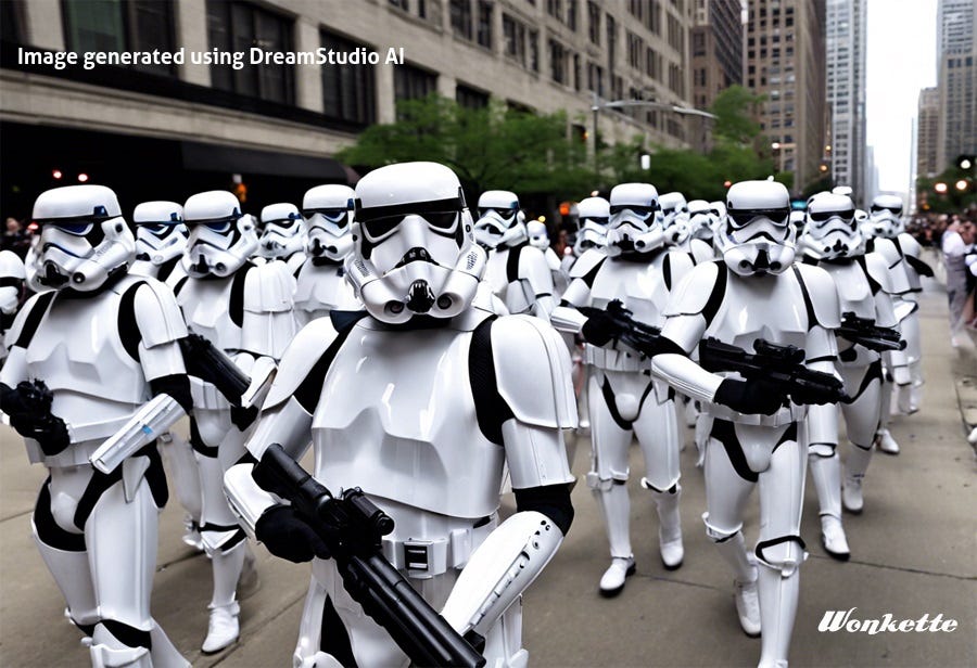 AI generated picture of Star Wars stormtroopers marching through Chicago