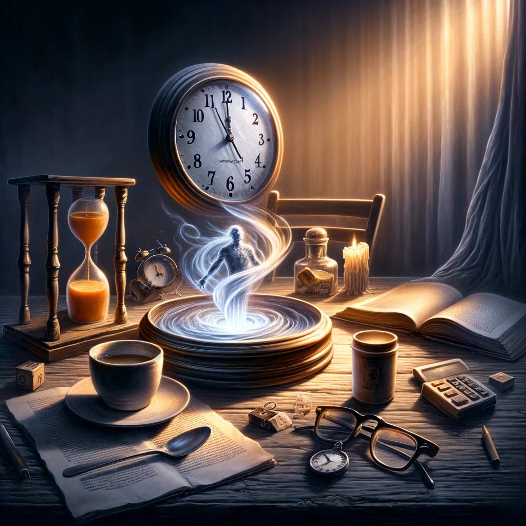 An artistic representation highlighting the concept of absence and its impact, showcasing a clock with hands frozen at a moment in time, surrounded by personal items such as an open book, a half-finished cup of coffee, and a pair of glasses. These items symbolize the sudden pause of life's daily activities, emphasizing the feeling of absence. The scene is set against the backdrop of a dimly lit room, creating an atmosphere of reflection and underscoring the poignant realization of an individual's significance through the void their absence creates. This visual metaphor poignantly illustrates how the value of someone's presence is often most deeply felt and recognized in their absence.