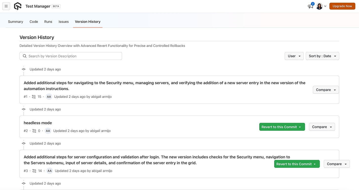 Version history with the different commits and button to revert the commit