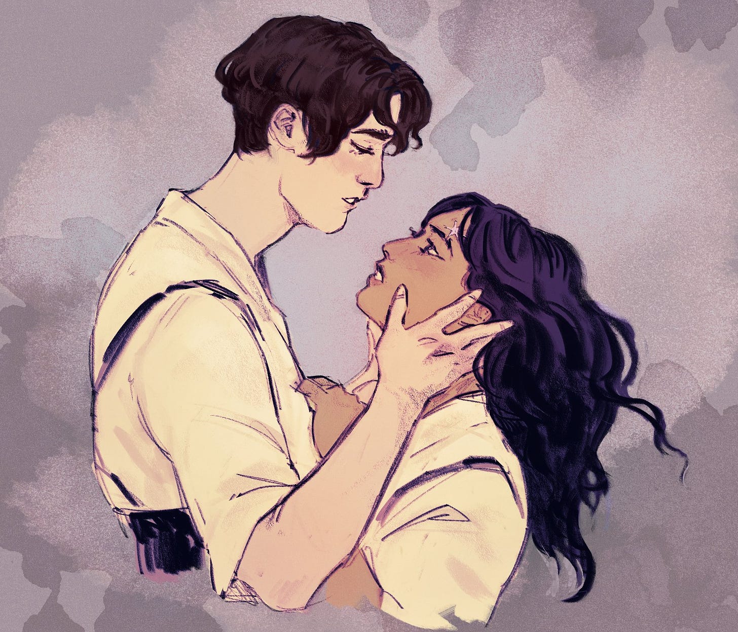 illustrated art of a tall, pale-skinned boy with dark brown hair holding the face of a brown-skinned, East Asian girl with long hair, against a pale lavender background