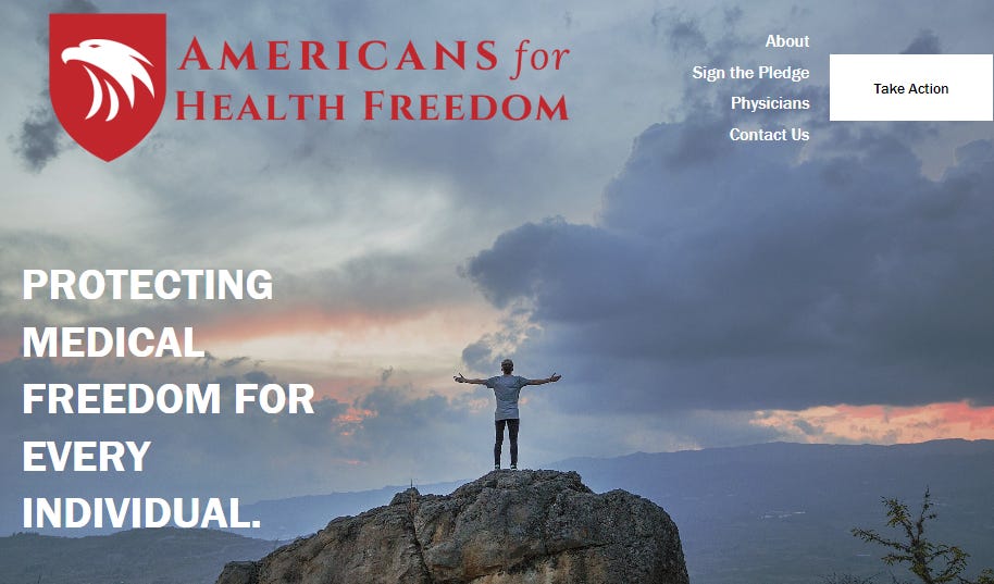 homepage for "Americans for Health Freedom" PAC, featuring a man standing on top of a cliff like he's about to jump