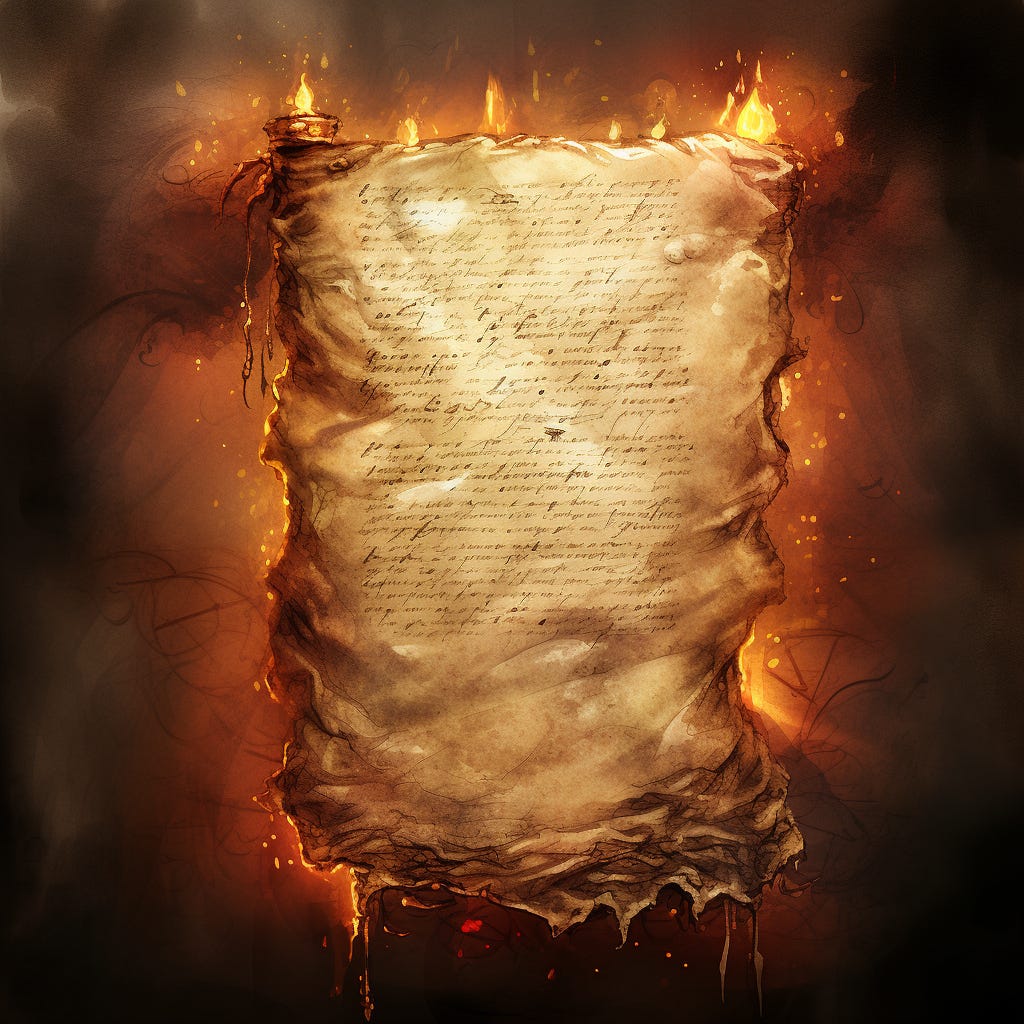 A piece of parchment paper with magically obscured words, bordered by magical flames that do not seem to burn the paper.