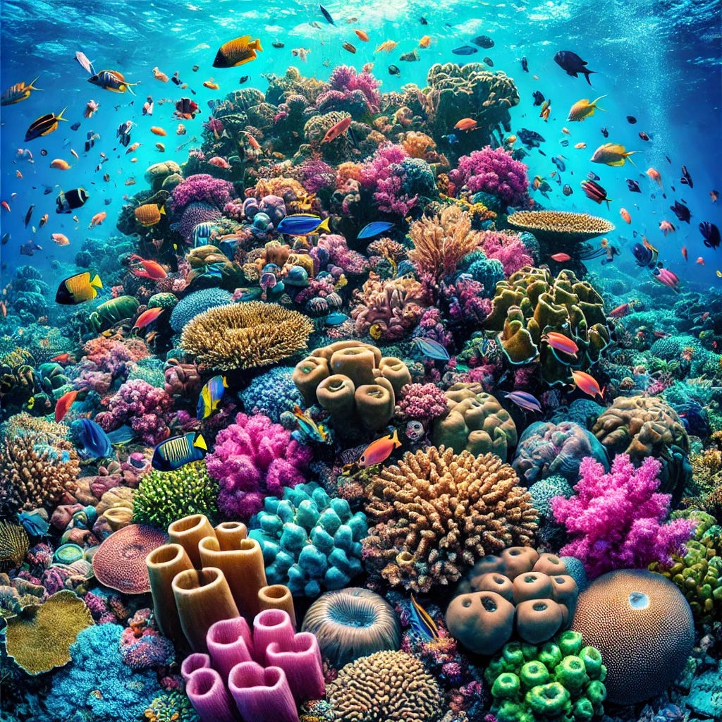 A vibrant underwater scene of the Great Barrier Reef showing a variety of colorful corals and marine life. The reef is teeming with fish of different shapes and sizes, with bright corals in shades of pink, green, and blue. In the background, a deep blue ocean contrasts with the lively foreground, showing the diversity and beauty of the ecosystem. The image should capture the dynamic and diverse nature of the reef, with intricate details of the coral structures and the vibrant colors of the marine life.