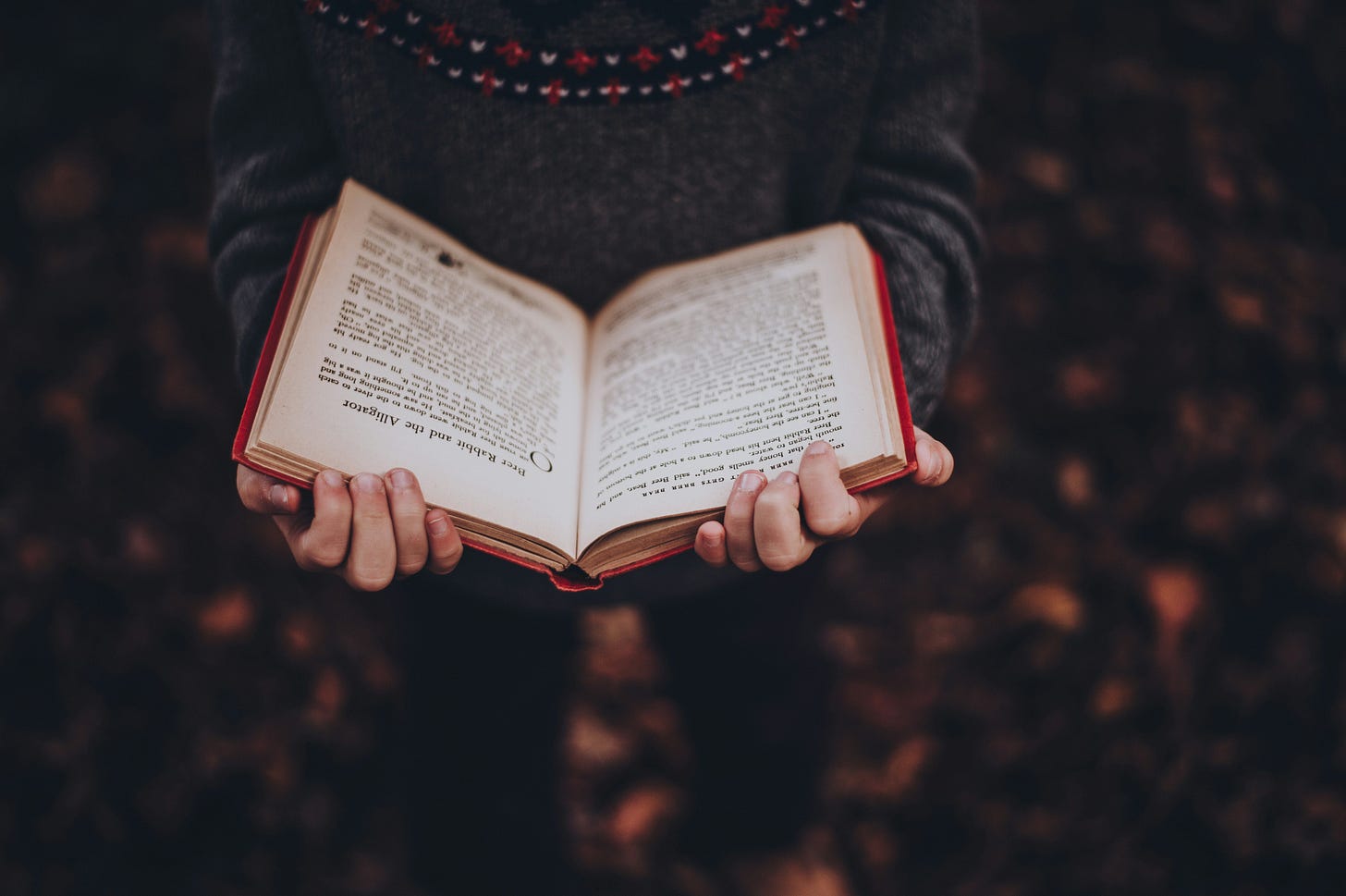 girl in a gray sweater holding an open book