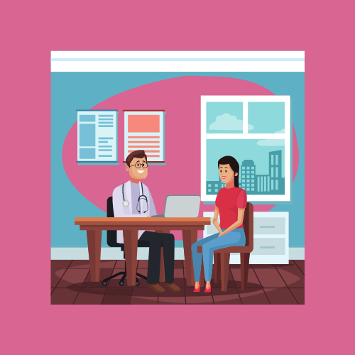 A male doctor sat at his desk talking to a patient who is a woman in his office. From canva