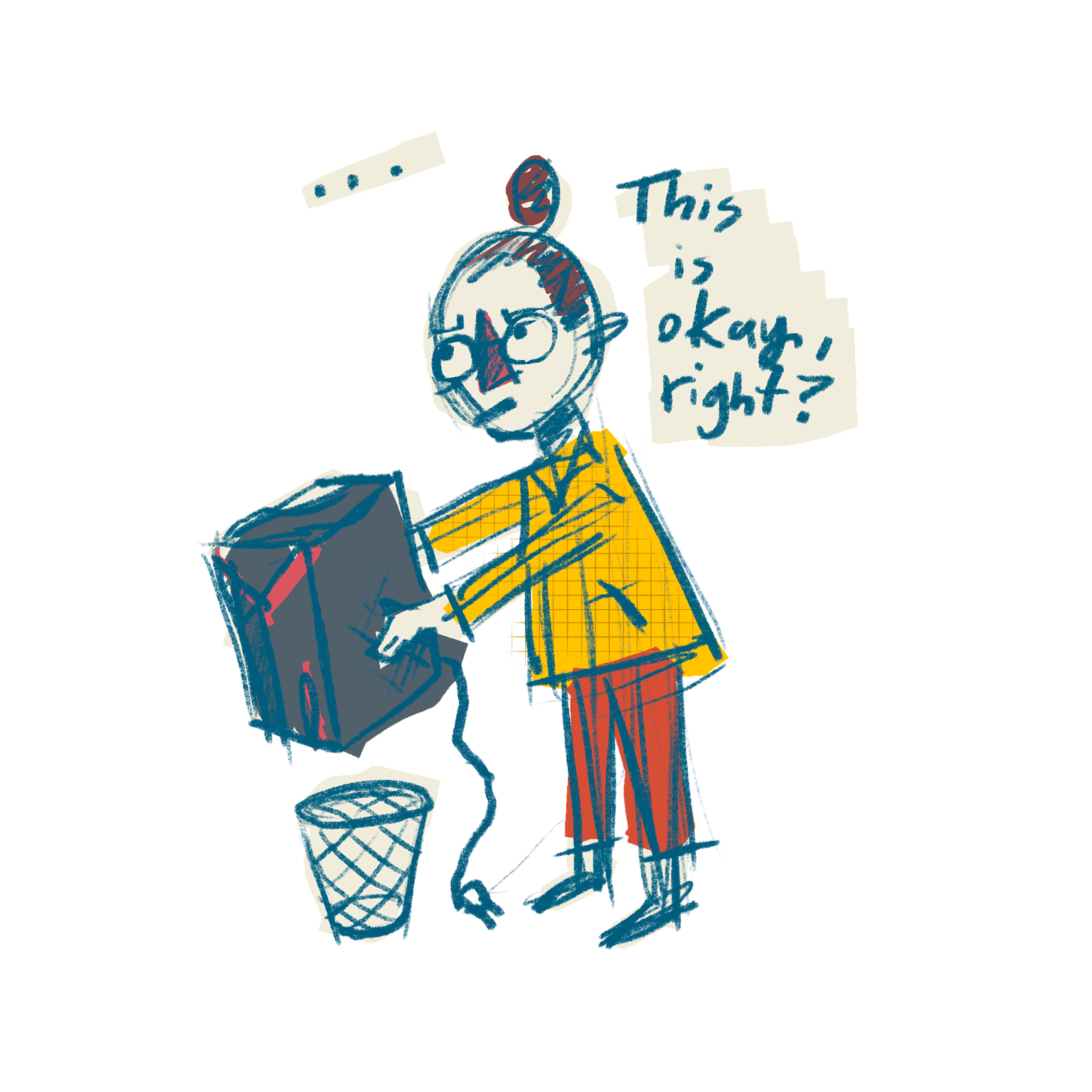 An illustration of me holding my computer over a garbage can, asking "this is okay, right?" I look like I know that it isn't. I have a cute yellow shirt on.