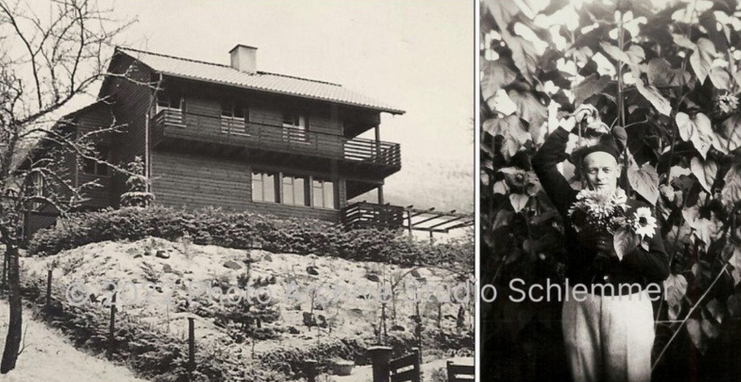 Left image: Atelier House Schlemmer, Winter 1938/1939. | Right image: Oskar Schlemmer with sunflowers, September 4, 1938.Photograph U. Jaïna Schlemmer.