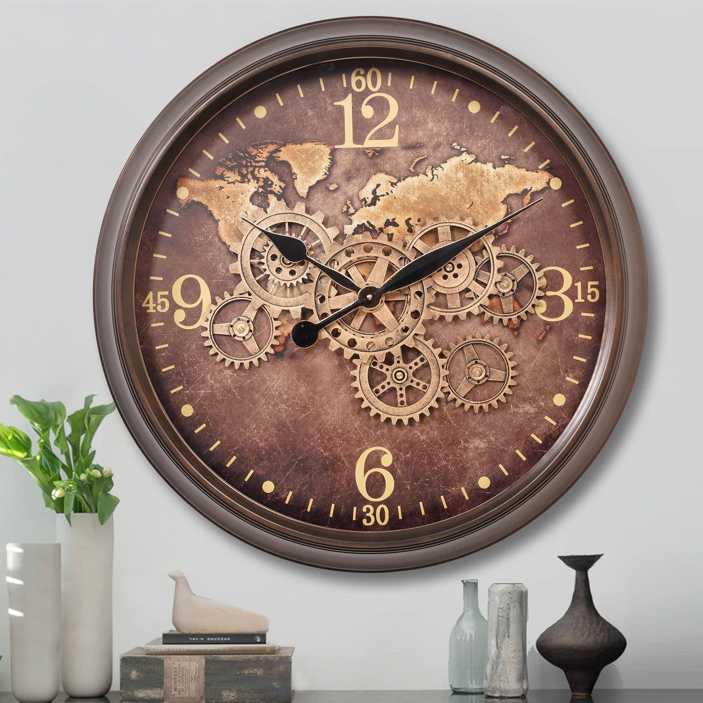 CLXEAST 24 Inch Large Wall Clock with Moving Gears, Industrial World Map Modern Wall Decor Clock, Oversized Cool Silent Wall Clock for Living Room Decor,Office,Oil Rubbed Bronze Brown