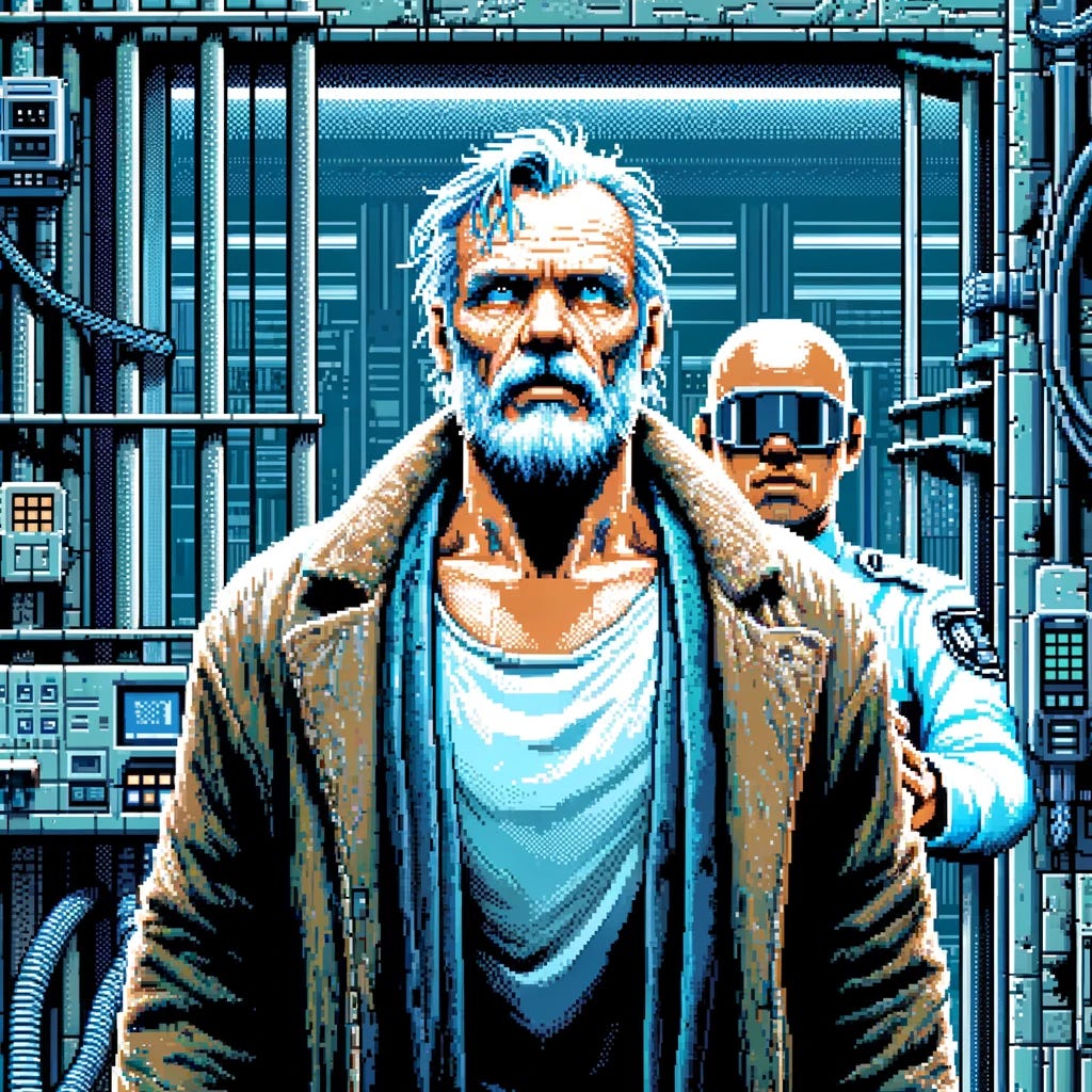 Revise the image to depict an older, rough-looking man with blue skin in the process of being released from a near-future prison in Los Angeles. The style should adhere to the early 1990s 16-bit video game aesthetic, with clear pixelation and a basic color palette. The scene should clearly convey that he is being released, perhaps showing a futuristic prison gate opening or a guard escorting him out. His rugged features and age should be noticeable. The background should blend elements of a futuristic city with the distinct characteristics of Los Angeles. Ensure there is no text in the image.