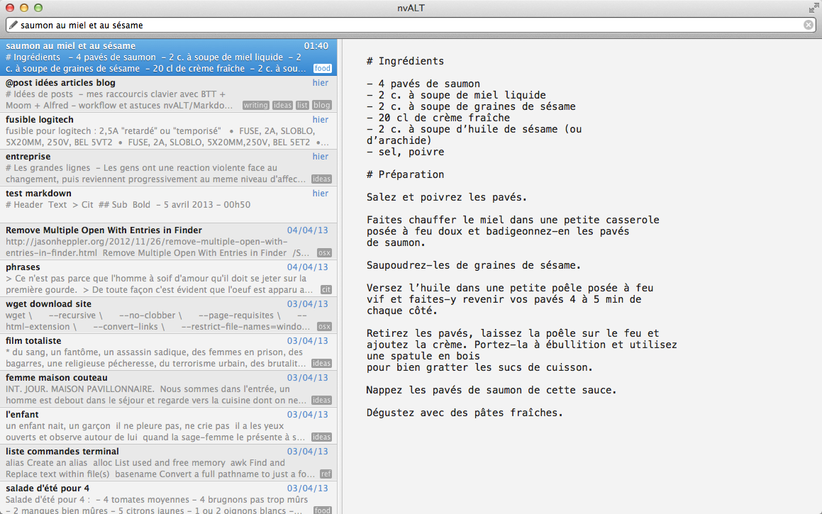 Screenshot of a Mac window showing nvALT. There’s a list of files on the left, and the active file shown on the right. It’s in French.