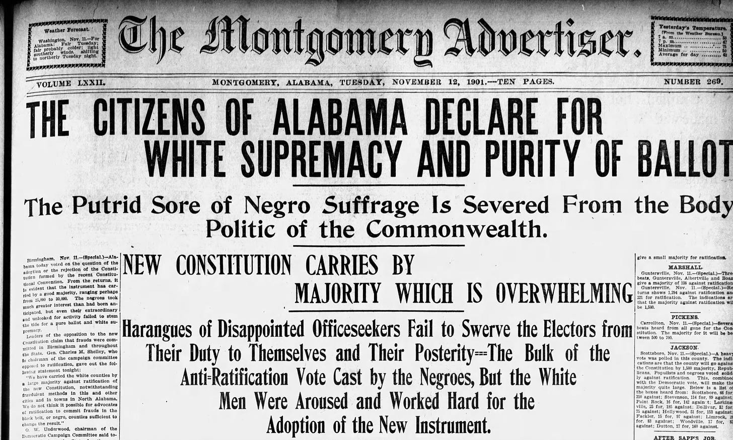 Front page of the Montgomery Advertiser, November 12, 1901. Courtesy of the Alabama Department of Archives & History,