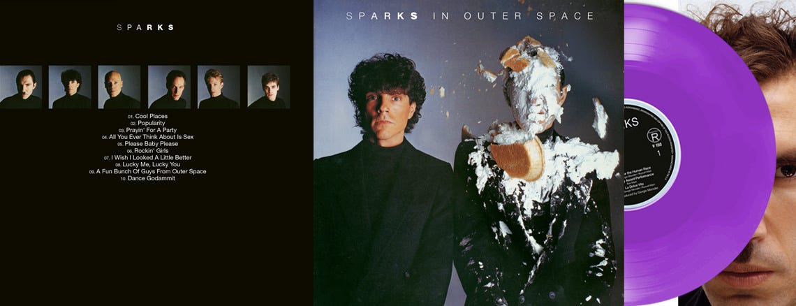 The back and front covers for 'In Outer Space' as well as Ron Mael's face with the record.