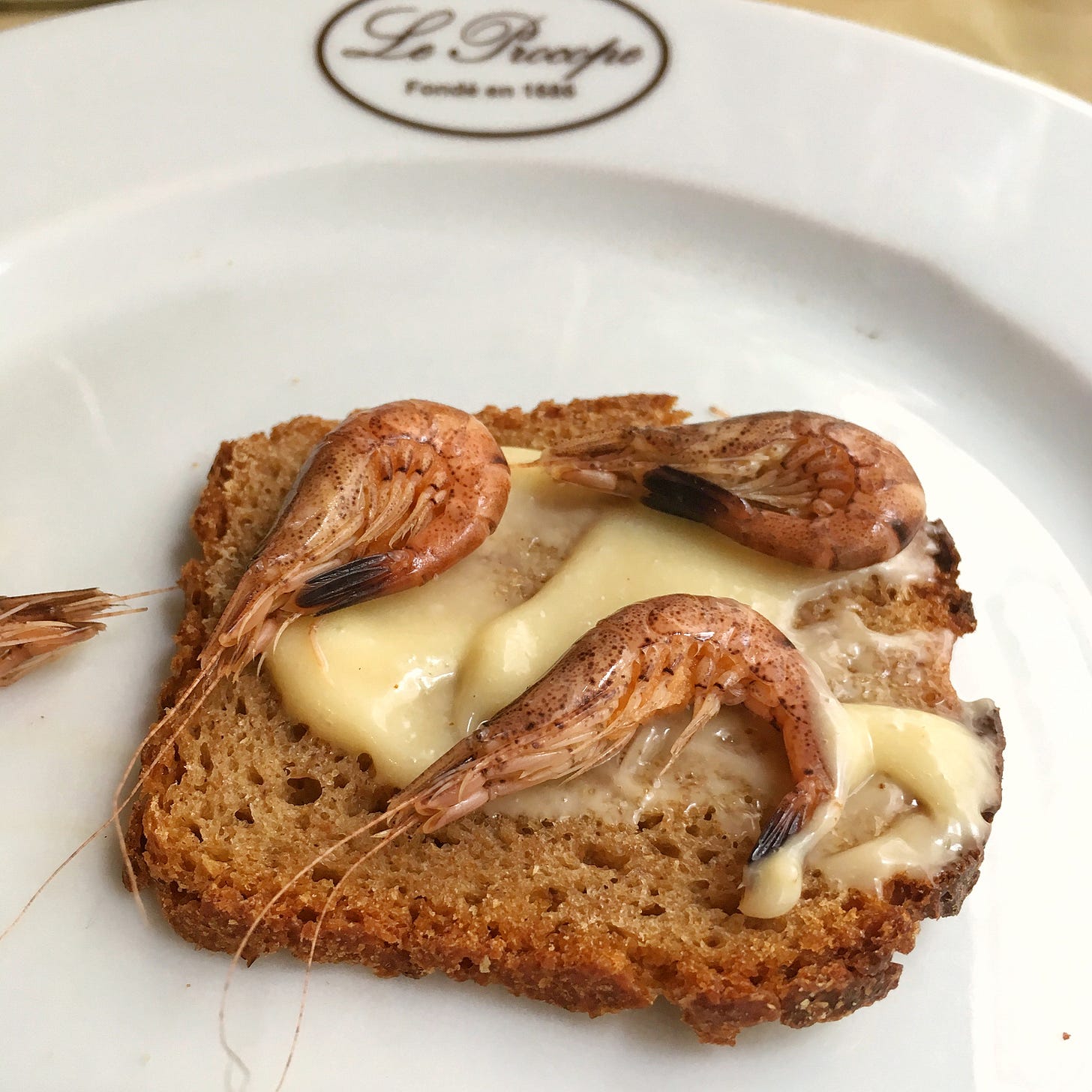 Slice of brown bread topped with aïoli and little pink shrimp still in their shells. 