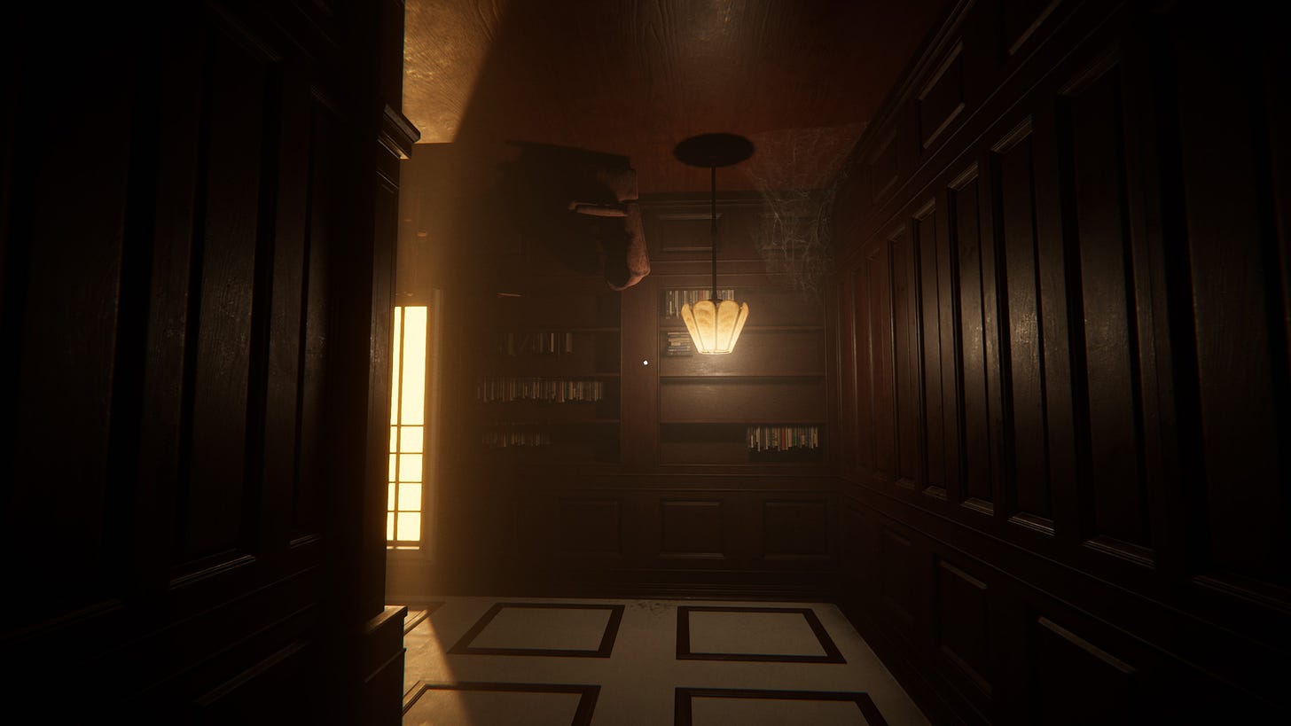 A screenshot of the game Reveil, showing a library room upside down with a standing lamp at the ceiling, or rather the reversed floor.