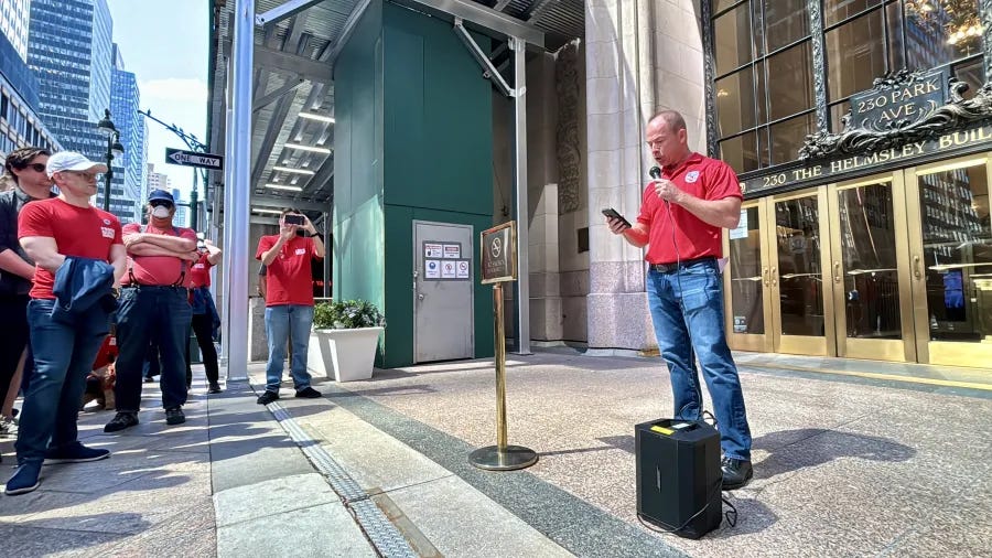 CWA District 1 Assistant to the Vice President Billy Gallagher at Law360 strike rally