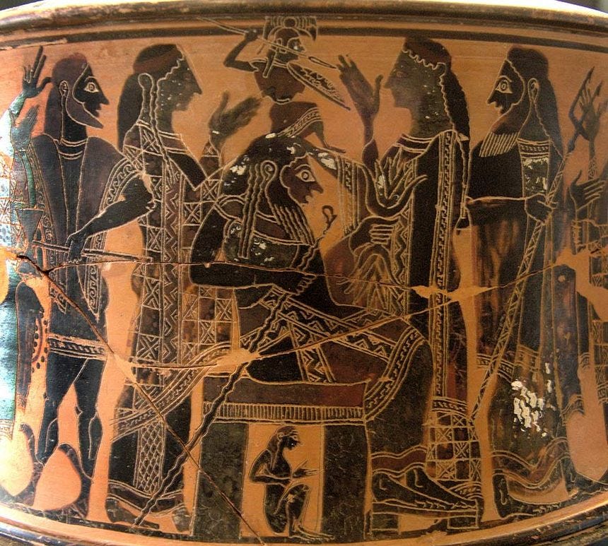 Attic black-figure exaleiptron of the birth of Athena from the head of Zeus (c. 570–560 BC) by the C Painter[208]