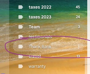 Email folders with "Thank Bank" circled