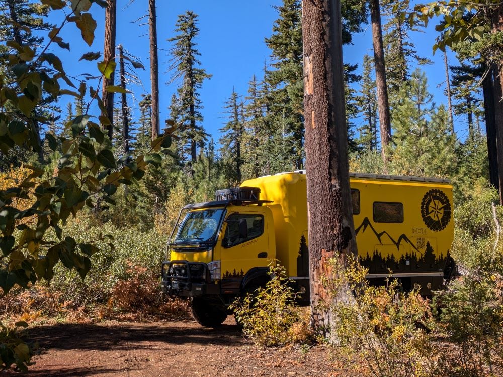 Walter the big yellow truck tucked into a grove of trees under the bright blue sky