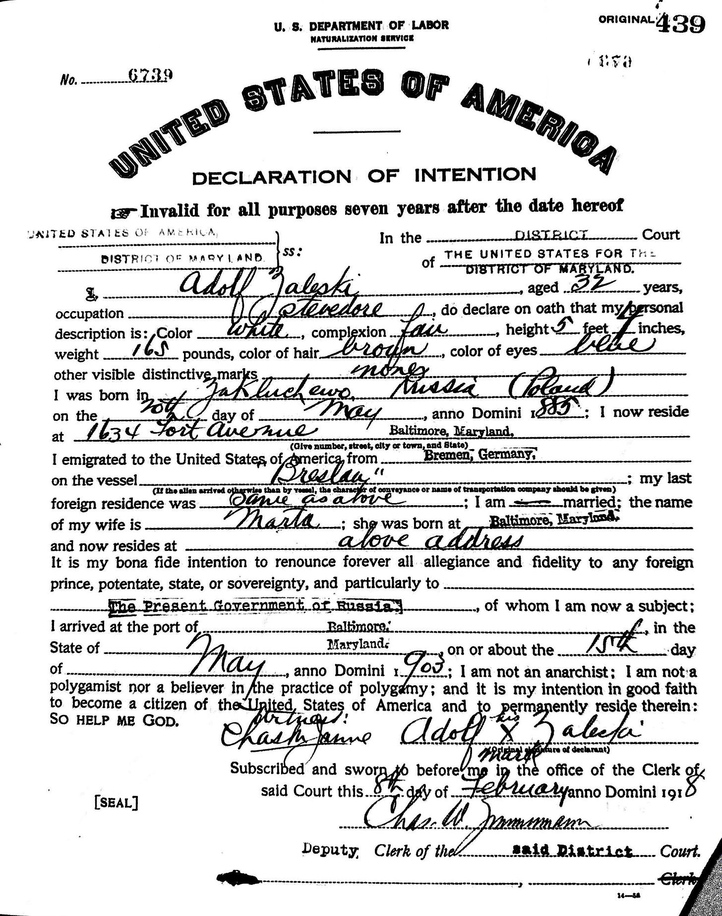 United States Naturalization Service Declaration of Intention document.