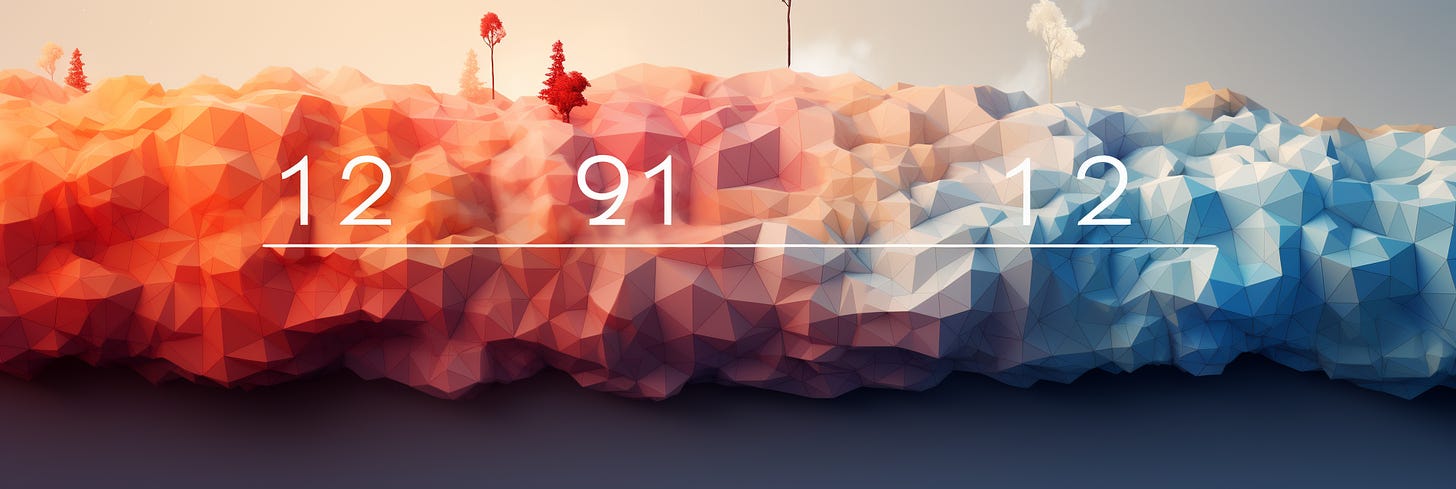 A digital artwork shows a geometric landscape transitioning from warm, red hues on the left to cool, blue hues on the right, with numbers "12" and "91" prominently displayed in the center. The scene is adorned with stylized trees, enhancing the surreal and abstract nature of the image.