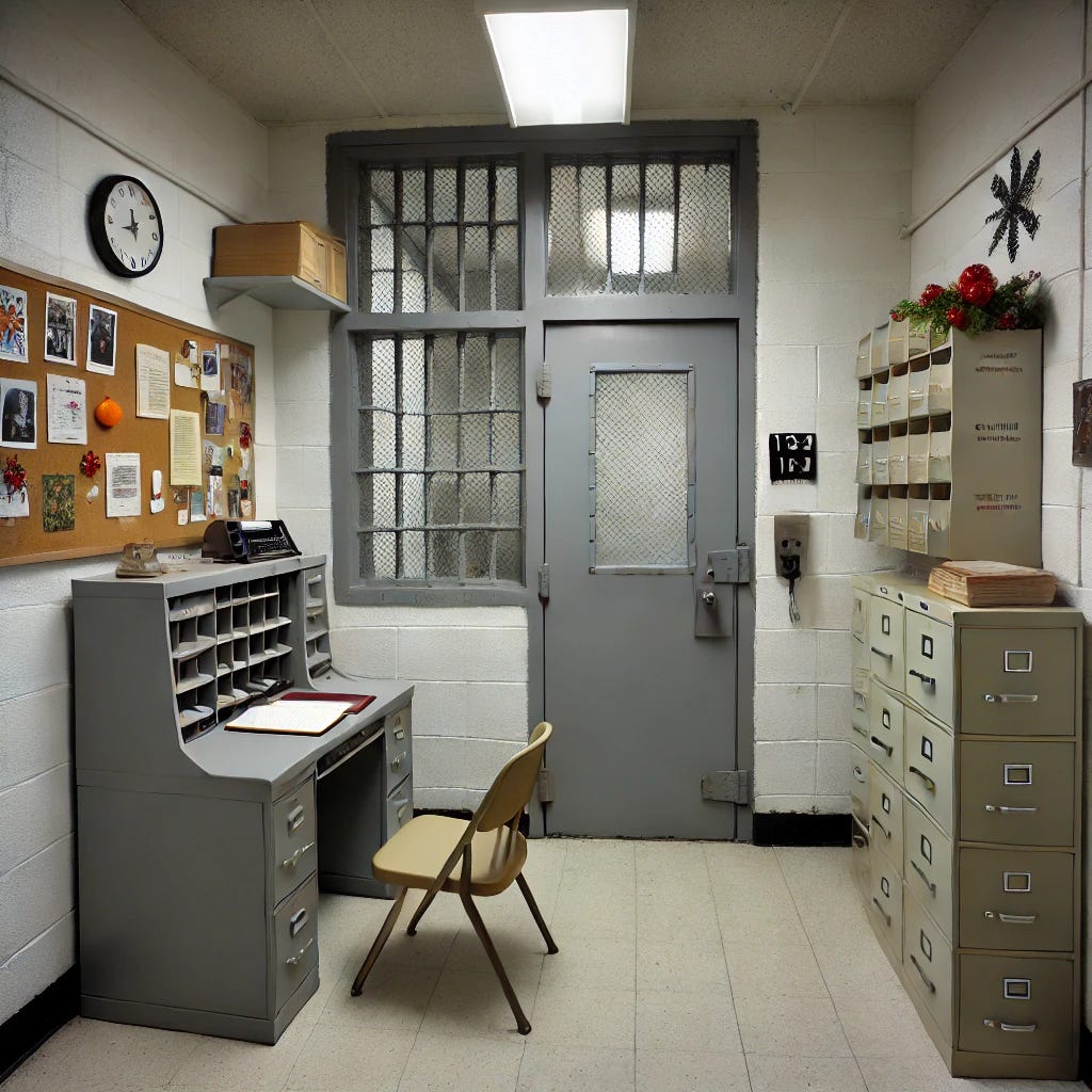 A small prison chaplain's office measuring 6x6 feet. The walls are made of white-painted cinder blocks, with one side featuring a large glass section on the door and the top part of the adjacent wall. On the right wall, near the back, a tall, grey, lockable metal cabinet with two folding doors stands closer to the glass wall. A metal Steelcase desk, resembling the original, is positioned forward at the back wall, with an office chair behind it. On the left wall, there is a small metal filing cabinet. The open door swings toward the left, leaving about 2-3 feet between it and the filing cabinet. A plastic chair is positioned near the glass wall, facing the chaplain's chair when turned toward the door. Christmas cards are taped on all the walls, including the glass, though not obstructing the view. The space has a practical and institutional feel, with muted colors and minimal decor.