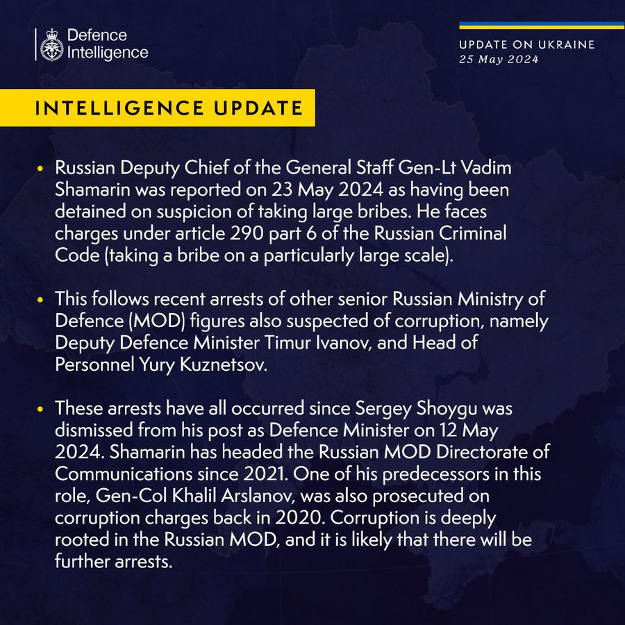 Russian Deputy Chief of the General Staff Gen-Lt Vadim Shamarin was reported on 23 May 2024 as having been detained on suspicion of taking large bribes. He faces charges under article 290 part 6 of the Russian Criminal Code (taking a bribe on a particularly large scale). This follows recent arrests of other senior Russian Ministry of Defence (MOD) figures also suspected of corruption namely Deputy Defence Minister Timur Ivanov and Head of Personnel Yury Kuznetsov. 
These arrests have all occurred since Sergey Shoygu was dismissed from his post as Defence Minister on 12 May 2024. Shamarin has headed the Russian MOD Directorate of Communications since 2021. One of his predecessors in this role, Gen-Col Khalil Arslanov, was also prosecuted on corruption charges back in 2020. Corruption is deeply rooted in the Russian MOD, and it is likely that there will be further arrests.