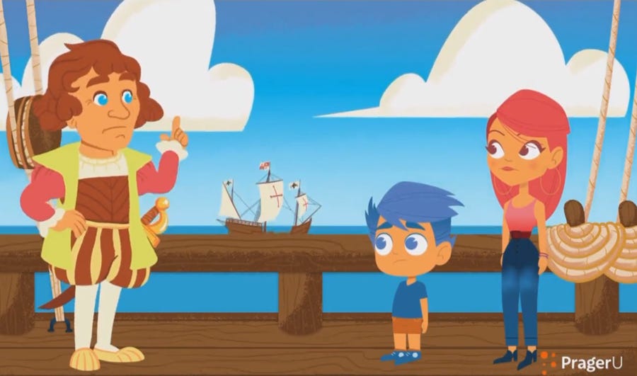 Screenshot of PragerU Kids semi-animated cartoon 'Leo and Layla Meet Christopher Columbus'