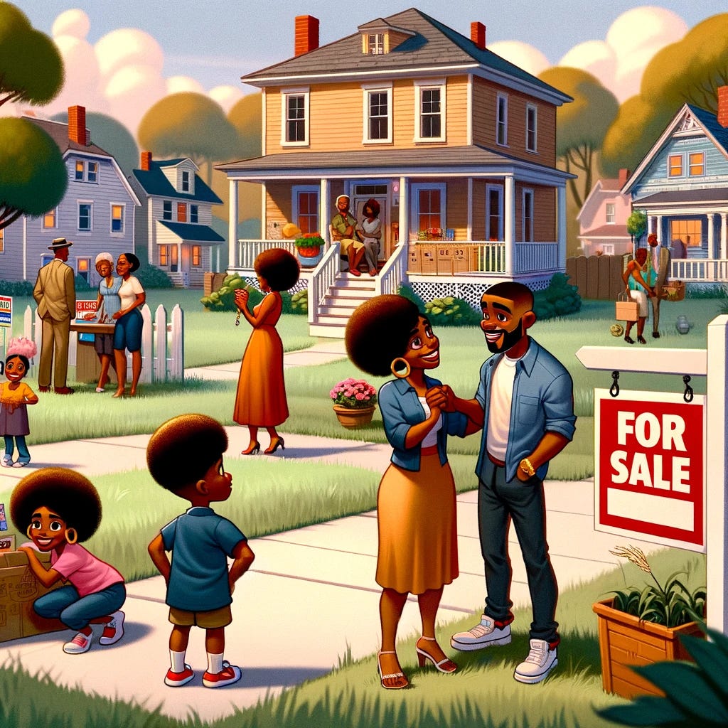 Create an image in the style of Disney Pixar animation, illustrating the State of Black Rhode Island Homeownership Report. The scene features African American characters depicted in the heartwarming and friendly Pixar style. These characters include a family celebrating the purchase of their new home, a couple looking at a 'For Sale' sign in front of a house, and a child playing in a yard. The setting is a lively Rhode Island neighborhood, with charming houses and local landmarks. The image is vibrant and filled with a sense of joy and community, capturing the essence of homeownership, all presented without any titles, text, or fonts.