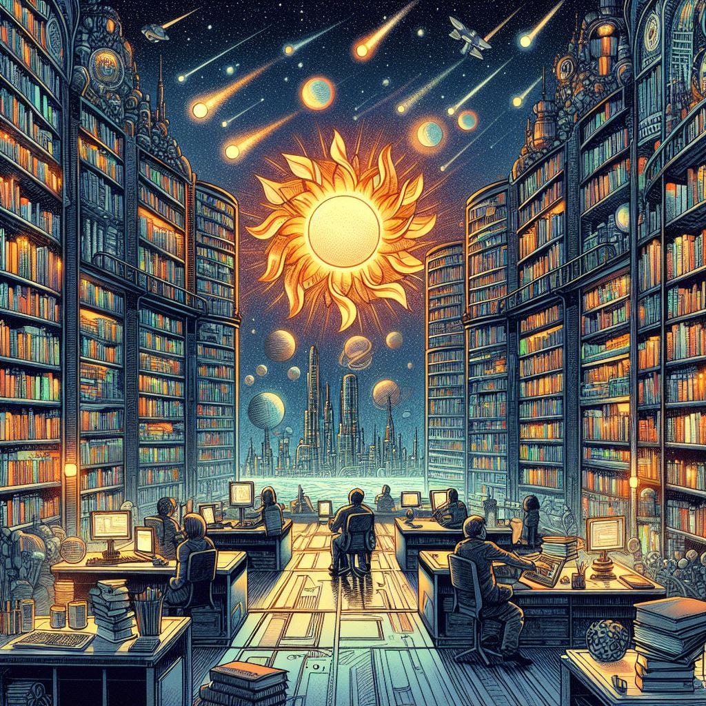 a library of science fiction stories in a solarpunk world, drawing
