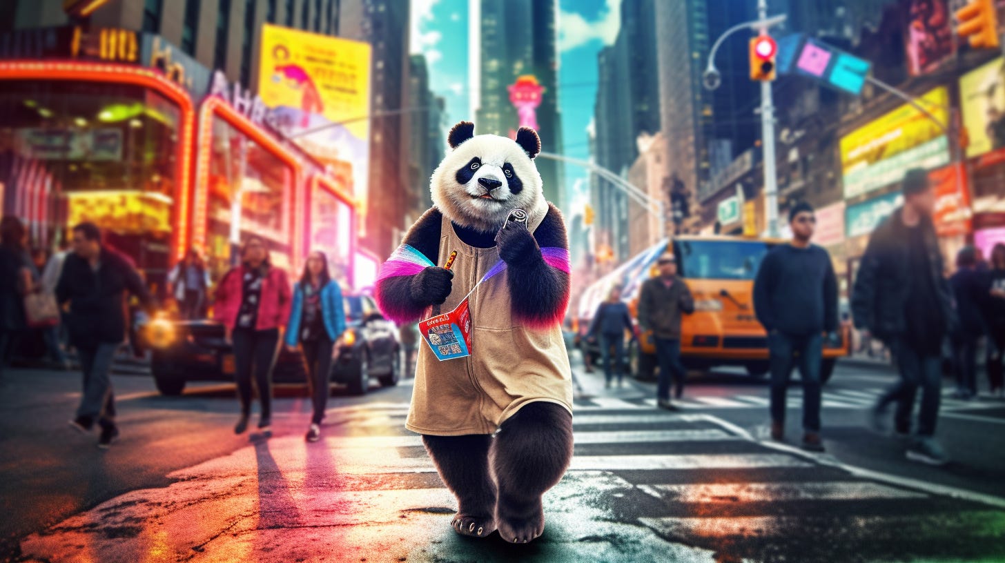 a photograph of a panda holding a cell phone, walking down a busy new york street, in the future, feeling of energy and momentum, brilliant light and color, lasers