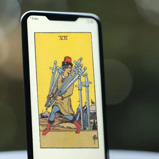 Seven of Swords card on a smartphone screen