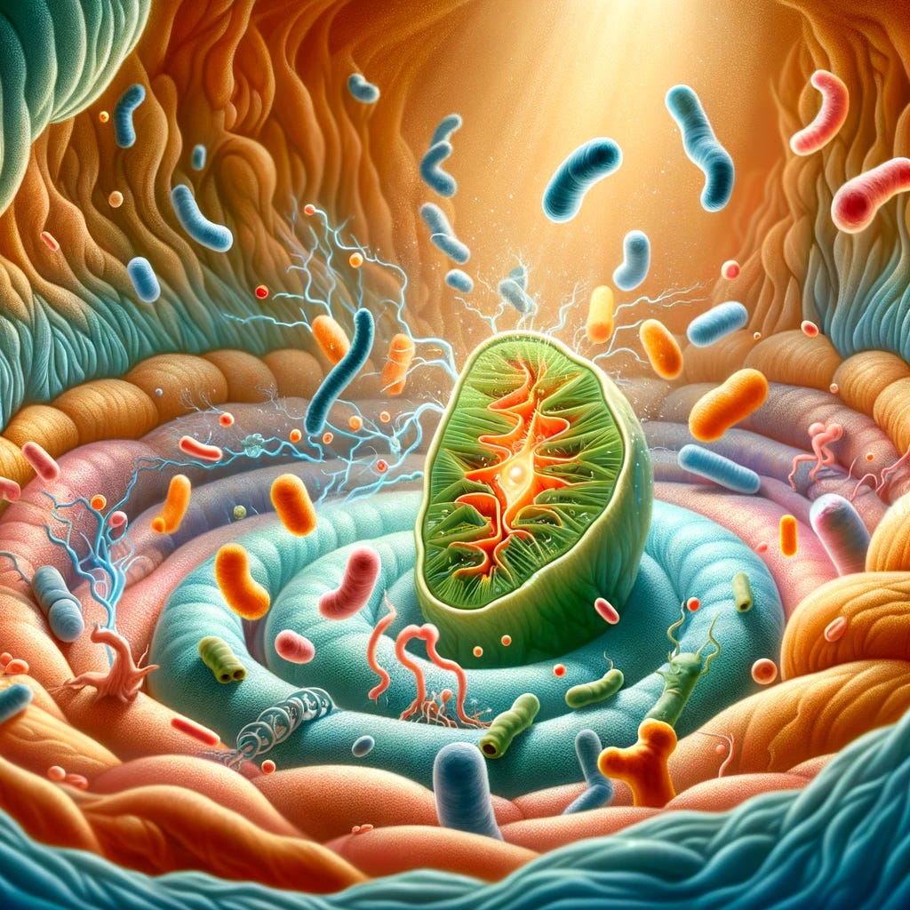 A conceptual illustration showing the interaction between gut bacteria and mitochondria. The scene should depict human gut bacteria in various shapes and sizes, colored in shades of green and blue, actively interacting with a large, detailed mitochondrion, colored in shades of orange and red. The background should be an abstract representation of the human body's internal environment, with soft, organic shapes and a color palette of warm earth tones to symbolize a natural, biological setting. The focus should be on the dynamic interaction between the gut bacteria and the mitochondrion, highlighting the concept of symbiosis and mutual influence in human health.