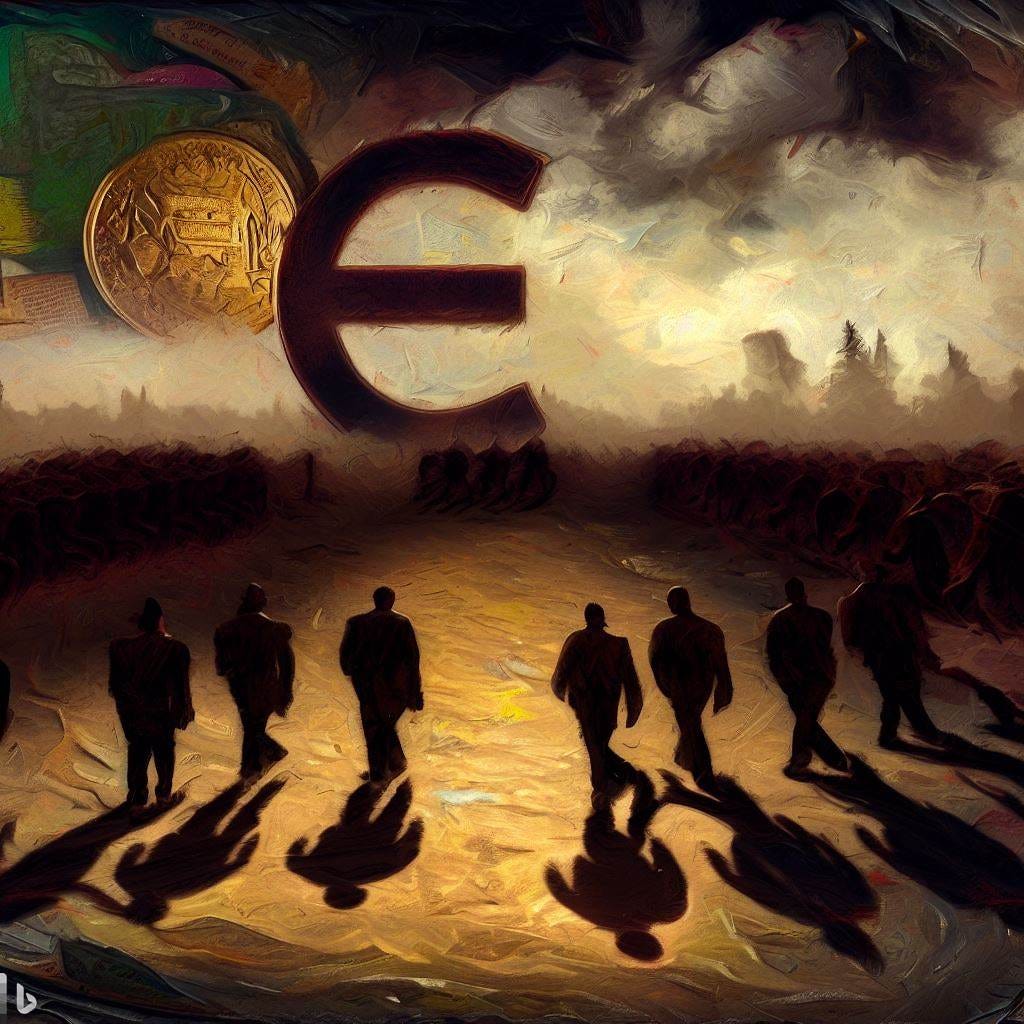 a digital art of a few middle aged executives walking down a dark, treacherous path over a large canvas with war, death and famine, with a long shadowy cast of a big euro in the path