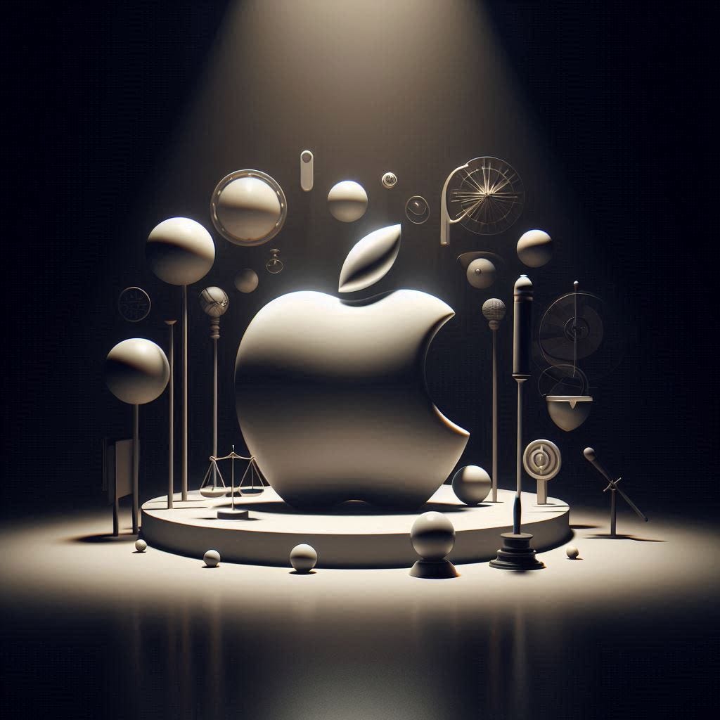 Apple logo surrounded with objects symbolyzing strict rules - Abstract 3D Image - minimalist image - Smooth Image - with light projecting from the top in a dark room