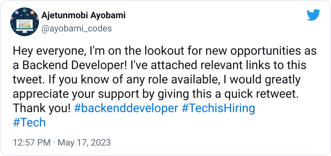 Ajetunmobi Ayobami @ayobami_codes Hey everyone, I'm on the lookout for new opportunities as a Backend Developer! I've attached relevant links to this tweet. If you know of any role available, I would greatly appreciate your support by giving this a quick retweet. Thank you! #backenddeveloper #TechisHiring   #Tech