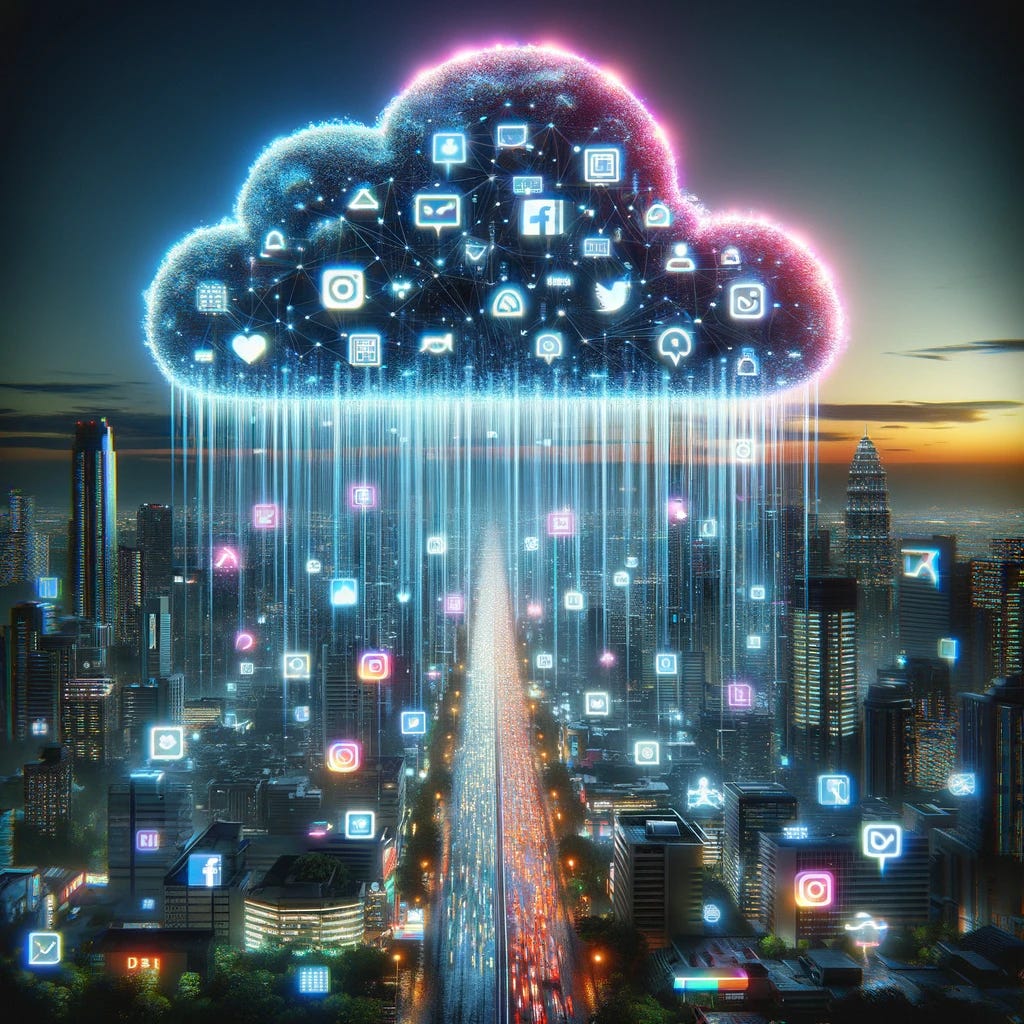 A creative depiction of a digital cloud, glowing with neon lights, hovering over a cityscape. From the cloud, a torrent of digital icons, social media logos, and binary code streams down like rain onto the streets and buildings below, symbolizing internet propaganda. The scene is set at twilight, with the neon glow of the cloud and the digital rain illuminating the city in a surreal, cyberpunk aesthetic. This visual metaphor powerfully conveys the pervasive reach and impact of online information and misinformation.
