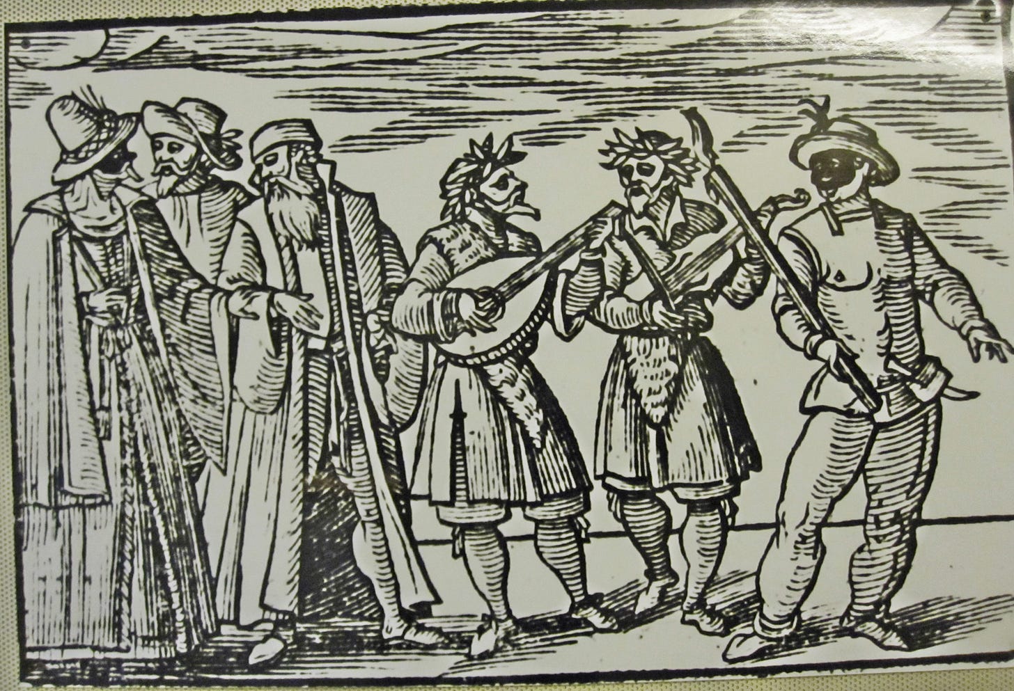 A woodcut illustration showing people in varied costume, celebrating the Jewish festival of Purim. The picture seems to show only men although all genders take part of the pageantry.