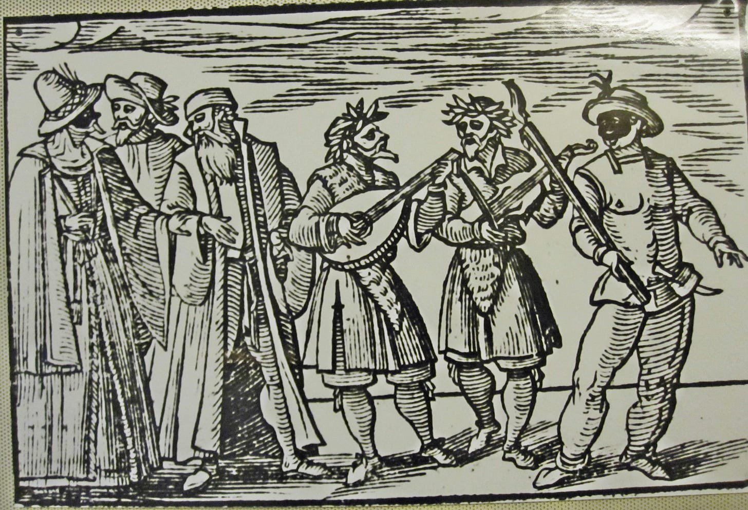 A woodcut illustration showing people in varied costume, celebrating the Jewish festival of Purim. The picture seems to show only men although all genders take part of the pageantry. A woodcut illustration showing people in varied costume, celebrating the Jewish festival of Purim. The picture seems to show only men although all genders take part of the pageantry.