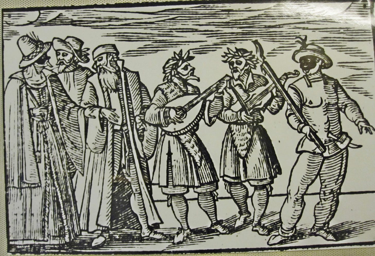 A woodcut illustration showing people in varied costume, celebrating the Jewish festival of Purim. The picture seems to show only men although all genders take part of the pageantry.