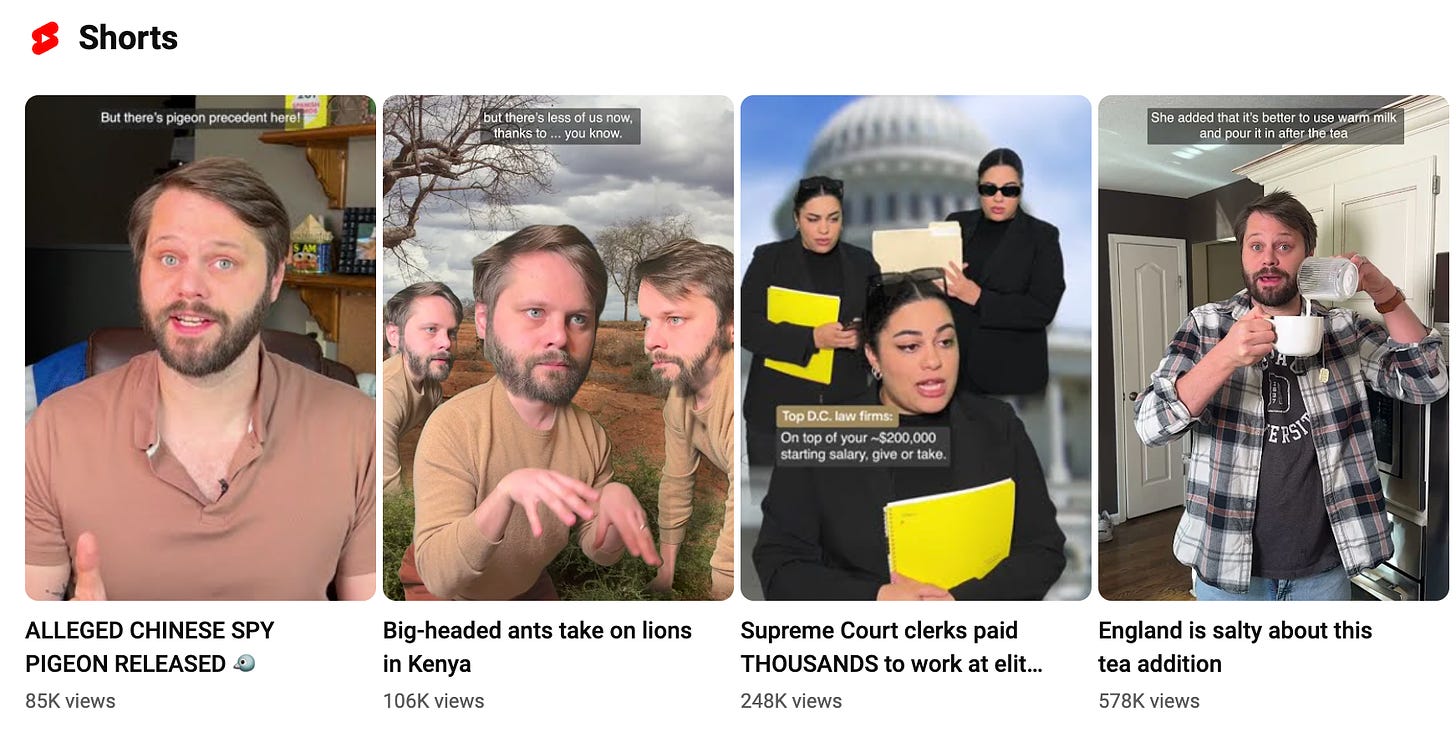 Screenshot of a few video thumbnails from Washington Post's YouTube Shorts Page