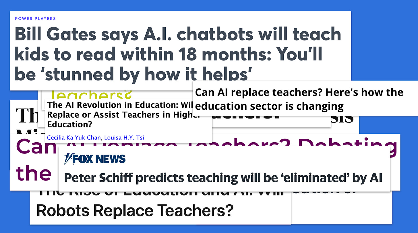 A set of headlines of predictions about generative AI in education. All apocalyptic and heady—"Peter Schiff predicts teaching will be eliminated by AI" for example.