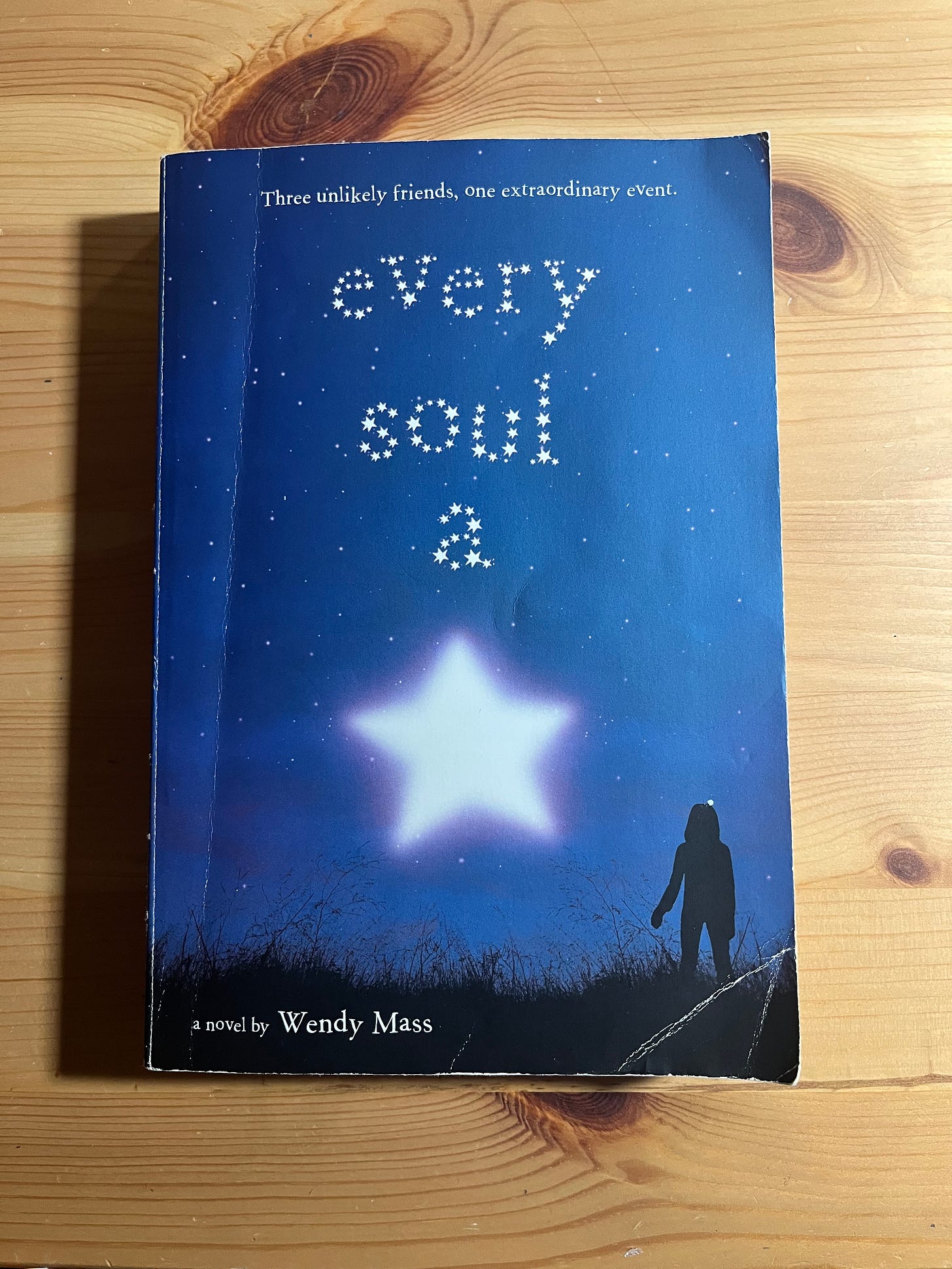 A blue book. The cover depicts a silhouetted person on grass staring up at the blue-ish night sky where an exceptionally big star takes center-stage. The smaller stars spell out the title, "Every Soul A Star." The book is by Wendy Mass.