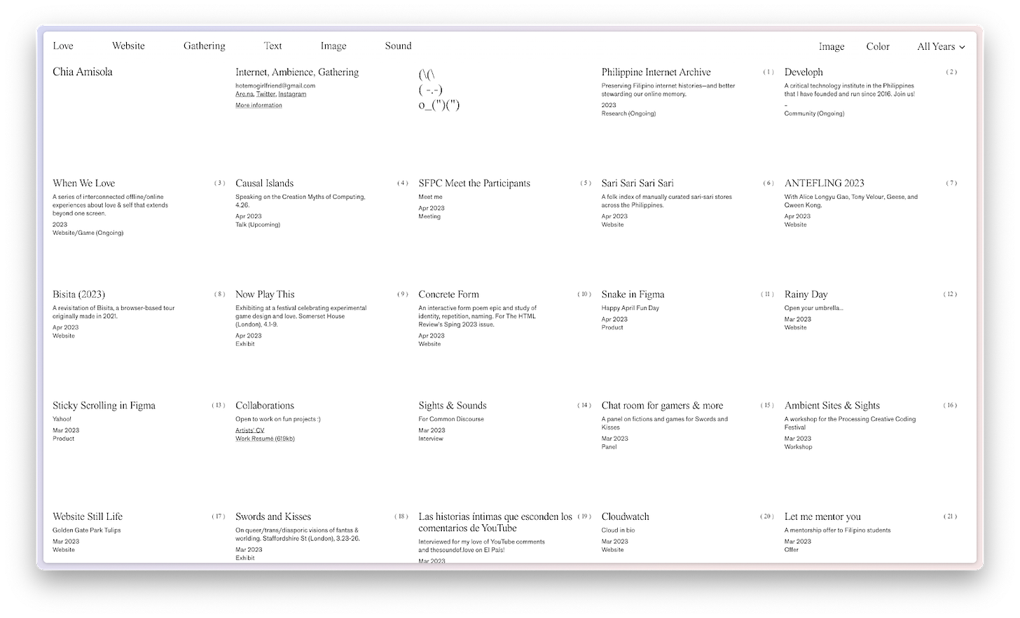 a website with a table-like layout, each cell includes the title and description of a project