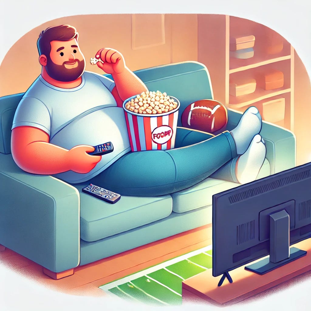 A casual depiction of a chubby man lounging on a neat and clean couch, watching football on a glowing TV screen. He is wearing a simple T-shirt and jeans, holding a bowl of popcorn and a remote control. The living room is tidy and organized, with a warm and cozy atmosphere. The man looks relaxed and content, enjoying the game. The colors are soft and inviting, creating a relatable and laid-back scene.