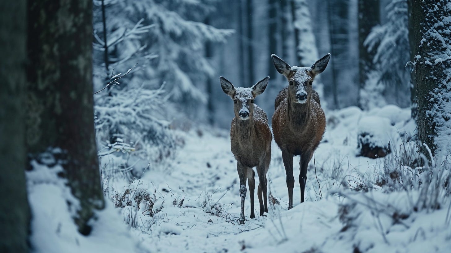 Documentary footage of mother deer and her fawn walking through a snowy forest at dawn. MJ V6