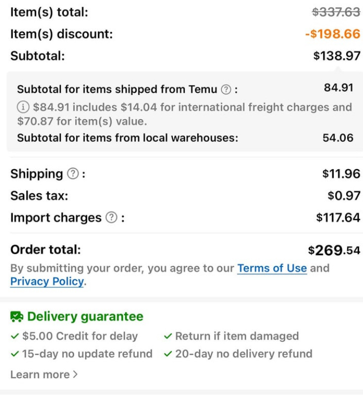 Item subtotal: $138.97, import charges, $117.64